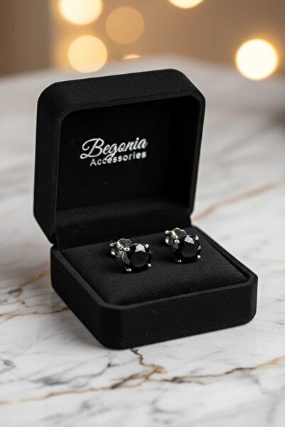 Begonia Accessories 925 Ayar Gümüş Oval Siyah Zirkon Tek Taş Erkek Küpe – Pim...