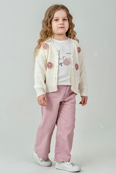LUCEVERA Kız Çocuk 3’lü Takım – Hırka, Baskılı Tişört ve Pantolon |Çiçek Moti...