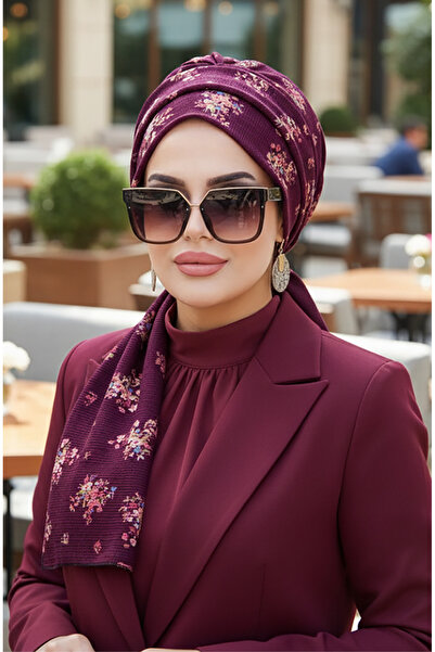 Aişe tesettür Mürdüm Buket Desenli Atkılı Bone