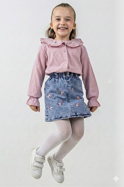 LUCEVERA 6–9 Yaş Kız Çocuk 3’lü Takım – Yakalı Gömlek, Nakışlı Kot Etek ve Kü...