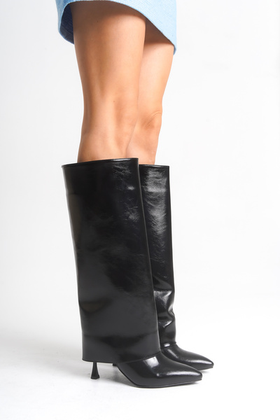 LDR Cizme de damă din piele neagră lacuită cu toc subțire și vârf ascuțit