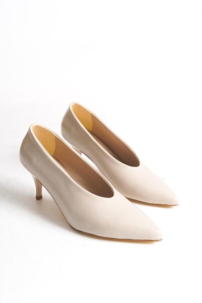 LDR Women's Beige Patent Leather Thin Heel Pointed Toe Classic Heeled Shoes