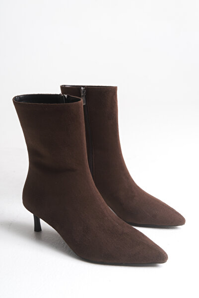 LDR Kadın Kahverengi Süet Sivri Burun İnce Topuklu Fermuarlı Bot