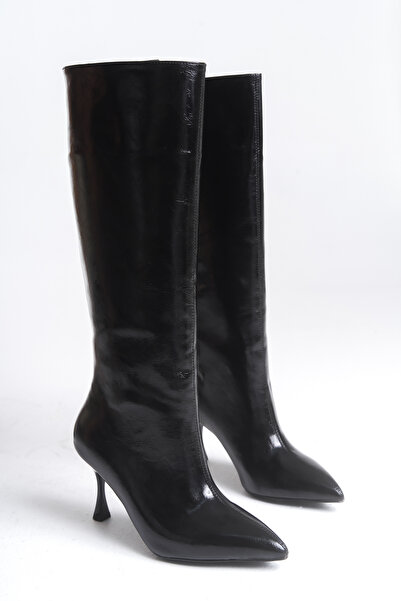 LDR Kadın Siyah Rugan İnce Topuk Sivri Burun Diz Altı Çizme