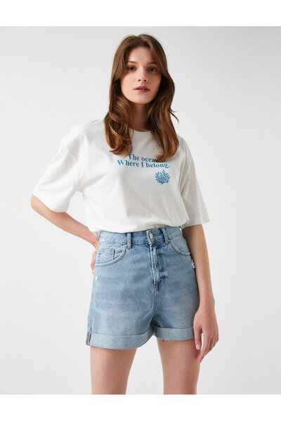 Koton Μπλουζάκι με στάμπα βαμβακερή λαιμόκοψη