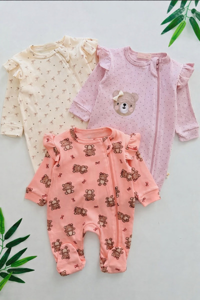 UmBaby Bow & Teddy Bear Patterned Baby Girl Romper Set – 100% Cotton, Zippere...