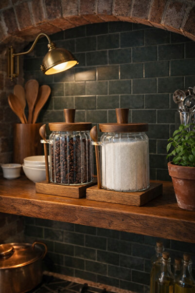 Paşabahçe 2'li Akasya Kapaklı Kaşıklı Vakumlu Cam Kavanoz Baharatlık Seti-Mut...