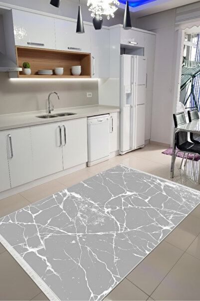CENTER AVM Gri Beyaz Mutfak Halısı Makinede Yıkanabilir Halı Kaymaz Taban Halı