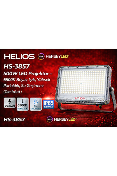 Helios HS-3857 500W LED Projektör – 6500K Beyaz Işık, Yüksek Parlaklık, Su Ge...