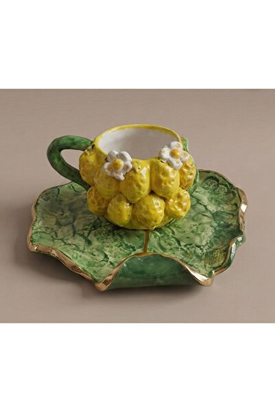 Zeynebinsırüstü El Yapımı Limon Çiçekli Seramik Duble Kahve Fincanı ve Tabak ...