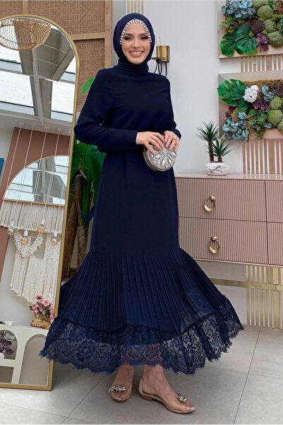 TRENDTESETTÜR WOMEN'S NAVY BLUE BELLOW LACE DETAIL DRESS T 1021