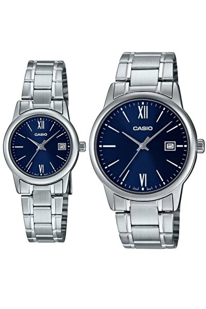 Casio Kadranı Lacivert Kordonu Gümüş Renk Hediye Paketli Sevgili Çift İki Kol...