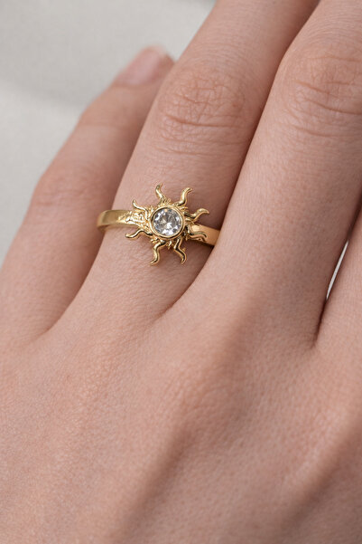 divakse خاتم فولاذي ذهبي مرصع بحجر الزركون اللامع على شكل الشمس