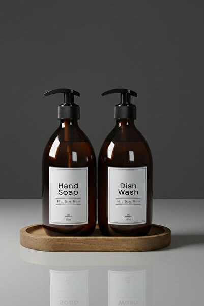 Mienda Home Ahşap Standlı Amber Renk 2’li Cam Sabunluk Seti – Hand Soap & Dis...