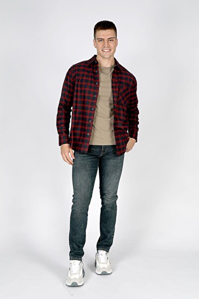 Lee Cooper قميص Shaw رجالي منسوج بأكمام طويلة باللون الأحمر الداكن والأزرق ال...