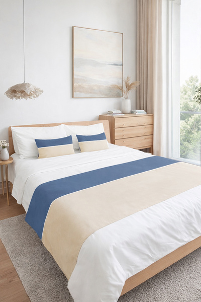 RİTMOHOME Yatak Runner & Iç Dolgulu Kırlent Seti Çift Kişilik Biyeli Krem/ind...