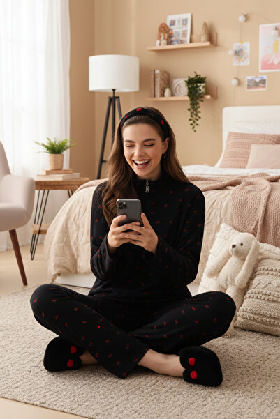 ELİTOL Zippered Waffle Knitted Long Sleeve Women's Pajama Set