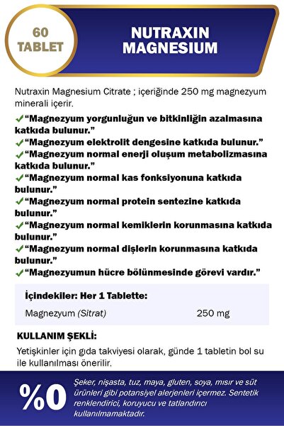 Nutraxin Magnezyum Sitrat 250 mg 60 Tablet Glutensiz
