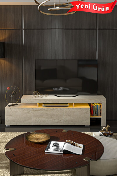 Platinreyon Luma Led Işıklı TV Ünitesi Konsol 192 cm Traverten Desen