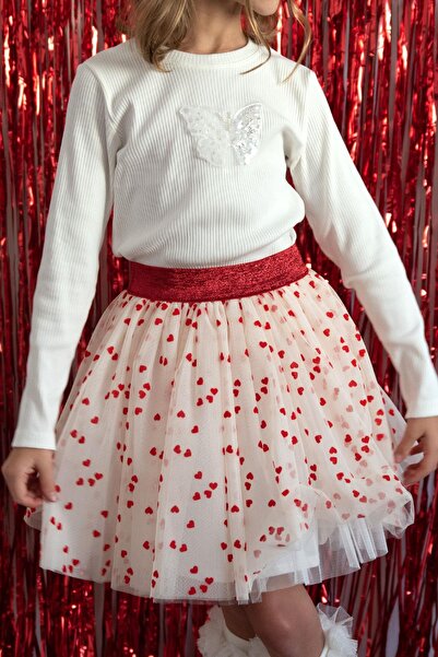 Breeze Girl's Tutu Skirt with Heart Pattern, Elastic Waist, Ages 5-10, Cream