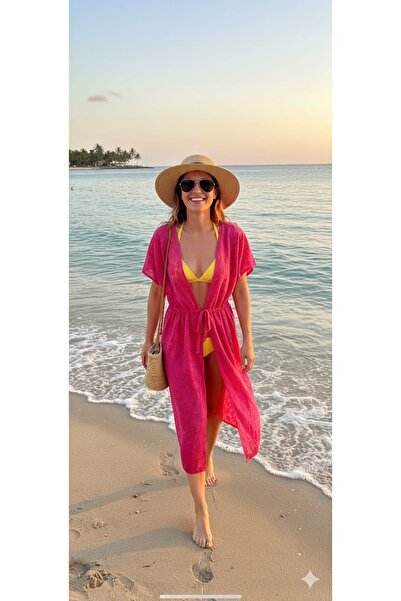 valerio Floral Textured Pink Pareo - Sleeveless Short Model