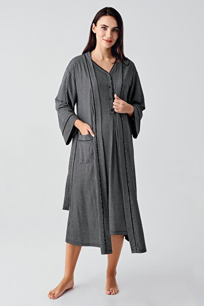 Artış Düğmeli Kısa Kollu Esnek Viskoz Hamile Gecelik Sabahlık Takım 14406