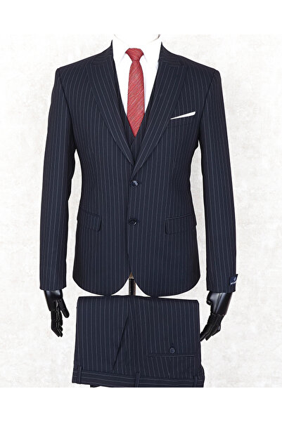 Jan Carlucci Slim Fit Sivri Yaka-Çift Yırtmaç Lacivert Çizgili Drop 6 Yelekli...