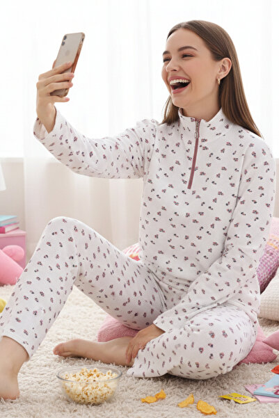 ELİTOL Zippered Waffle Knitted Long Sleeve Women's Pajama Set