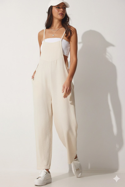 hazelin Women's Cream Adjustable Strap Pocketed Wide Leg Gardener Overalls Hz...