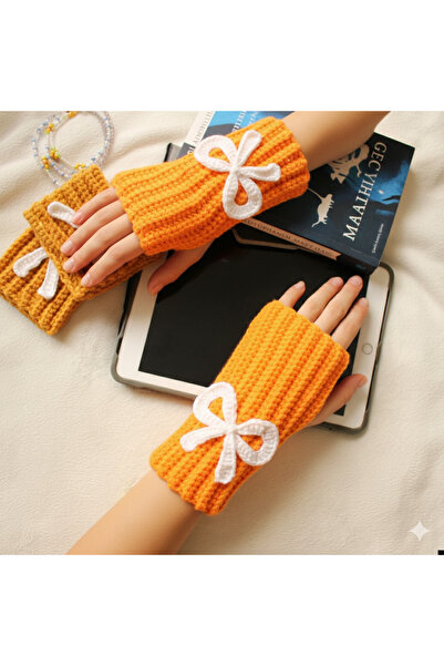 TRENDİN YOLU قفازات موديل أصفر بدون أصابع مصنوعة يدويًا عنب