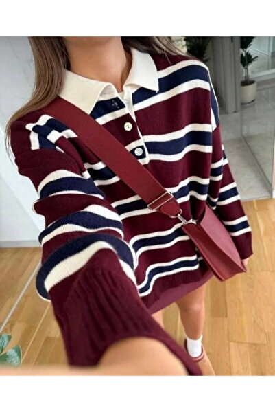 Gülce moda Kadın Kazak Düğmeli Polo Yaka Çizgili Oversize Triko Kazak