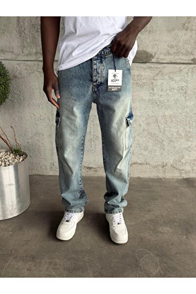 KağanKY Blugi largi buzunar cargo albastru spălat