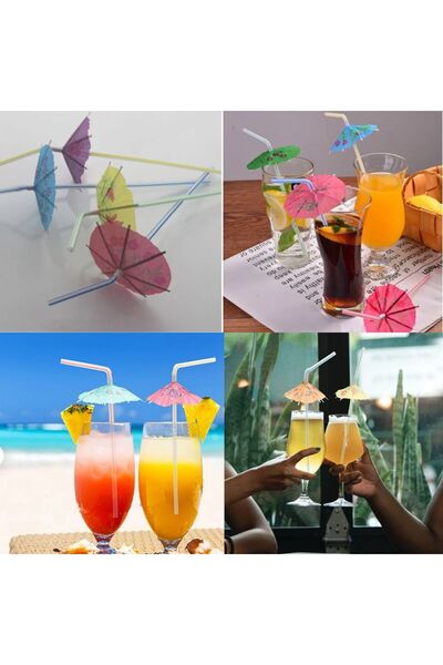 partidolu Hawaian Renkli Şemsiye Şekilli 24 Cm Plastik Körüklü Pipet 25 Adet