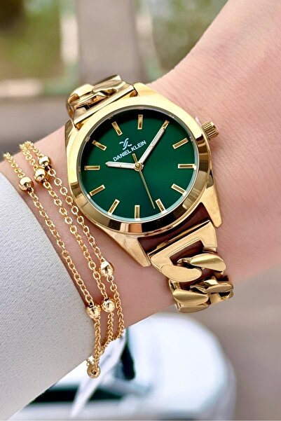 Daniel Klein Women's Wristwatch and Bracelet with Green Dial Gold Color 32 mm...