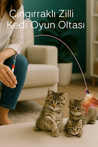 ego home Kedi Oyun Oltası Püsküllü 90 Cm Çıngırak Zilli Balıklı Oyun Oltası 9...