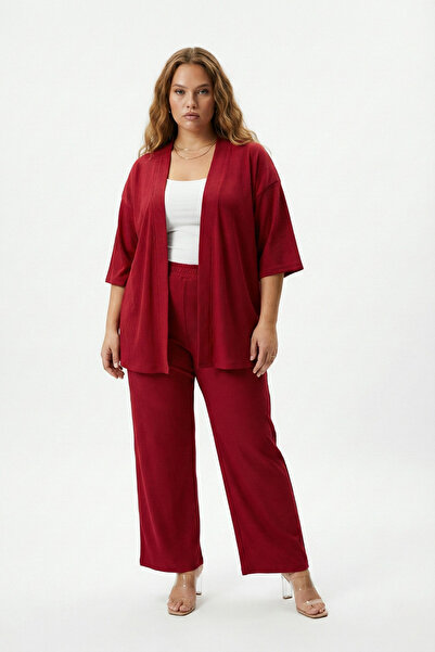 Talvien Büyük Beden Kimono Hırkalı 2’li Takım – Bürümcük Kumaş Oversize Şık Set