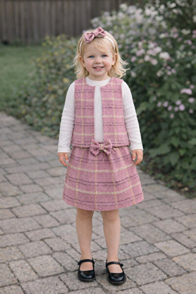 ygz junior طقم بناتي من قماش التويد مكون من 4 قطع: تنورة وسترة بادي وبندانا ل...