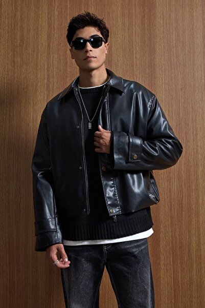 ablukaonline Men's boxy fit wide cut premium leather jacket black