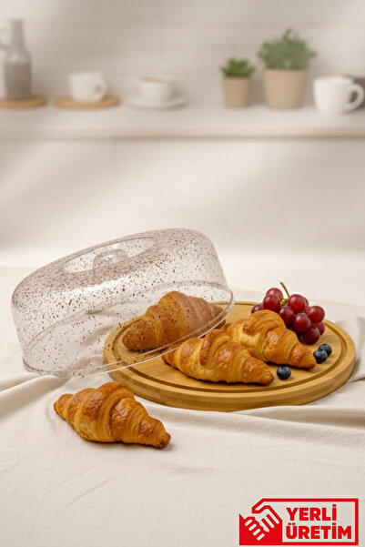 GUGGA Leo - Bambu Tabanlı Plastik Kapaklı Kek Fanusu Standı Pasta Sunum ve Sa...