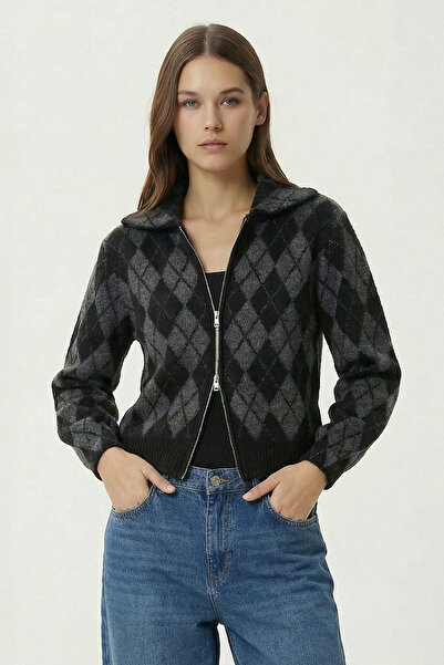 Lovelyİstanbul Baklava Patterned Zippered Knitwear Cardigan Lpn0014 Black Ant...