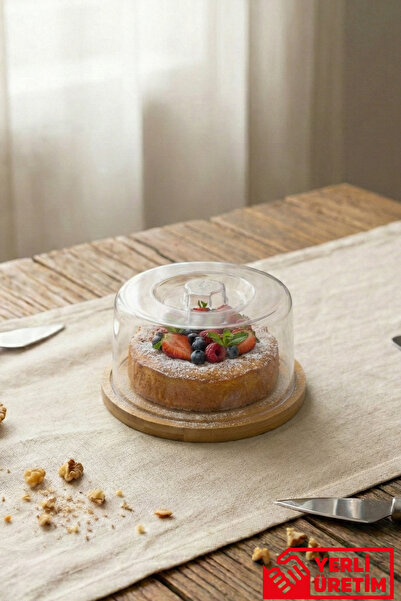 GUGGA Leo - Bambu Tabanlı Plastik Kapaklı Kek Fanusu Standı Pasta Sunum ve Sa...