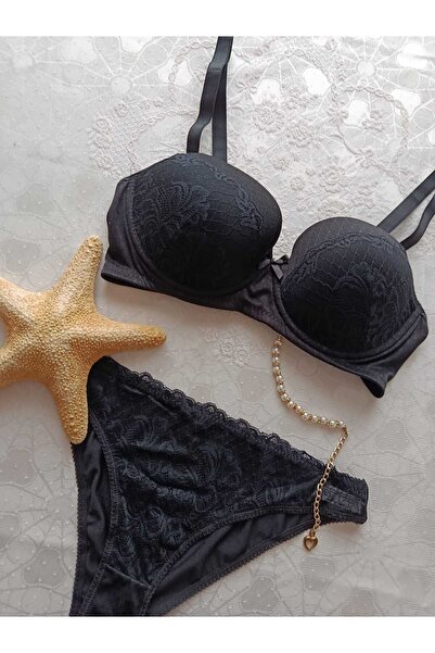 AURA Noire Siyah Dantelli Sütyen & Külot Takımı