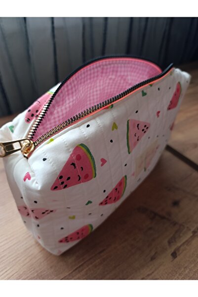 ÖZLEM HANDMADE حقيبة مكياج كبيرة الحجم بنمط البطيخ والقلب، حقيبة سفر 25*15*6