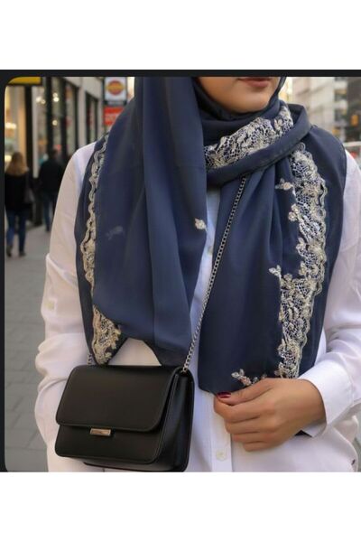 Veil Designer طرحة ;بوال كحلي بقماش ياباني بتطريز ملون المقاس : 60 * 190