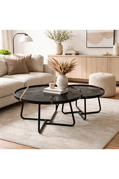 Vi Markets طقم طاولات قهوة وسط خشب أسود - قواعد معدن