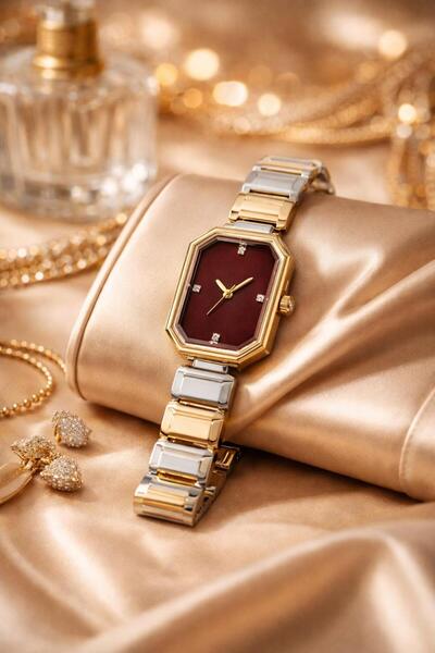 Ticarto ساعة يد نسائية ذات لون ذهبي وفضي مستطيلة الشكل ومينا بني اللون وسوار ...