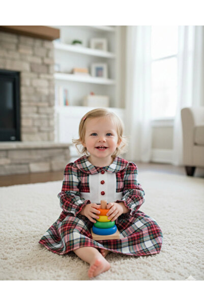 My Lusa Baby Defne 2 Serisi Kız Çocuk Ekose Elbise – Pamuklu Fırfırlı Yaka Be...