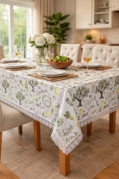 Rona Home Luxury Olive Patterned Duck Fabric Guipure Tablecloth Water Repelle...