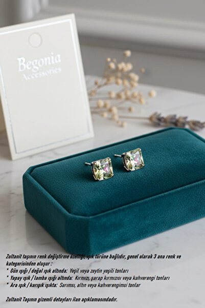 Begonia Accessories 925 Ayar Gümüş Kare Kesim Zultanit Tek Taş Küpe – Renk De...