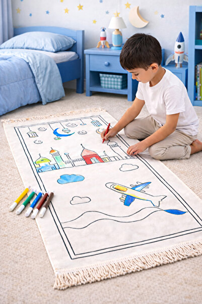 ihvan online طقم سجادة صلاة مرسومة قابلة للغسل للأطفال باللون الأزرق